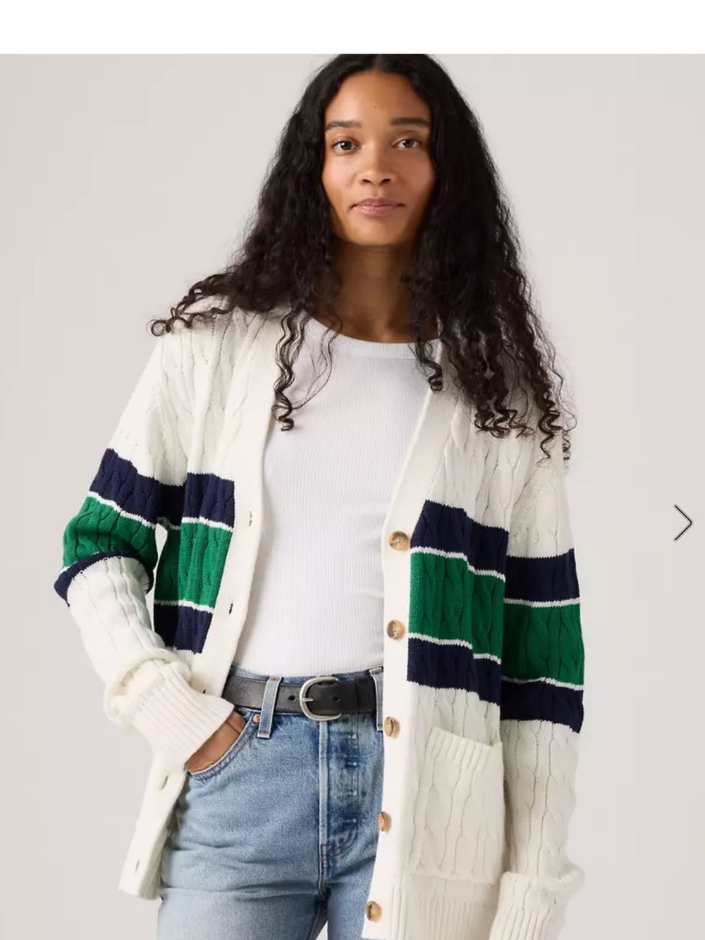 Levi's Cream Boyfriend Cable knit Cardigan with Navy & Green Stripes small